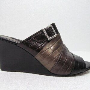 Brighton Robin Pewter Wedge Mules Heels 7 M Black Brown Stripe Croc Leather